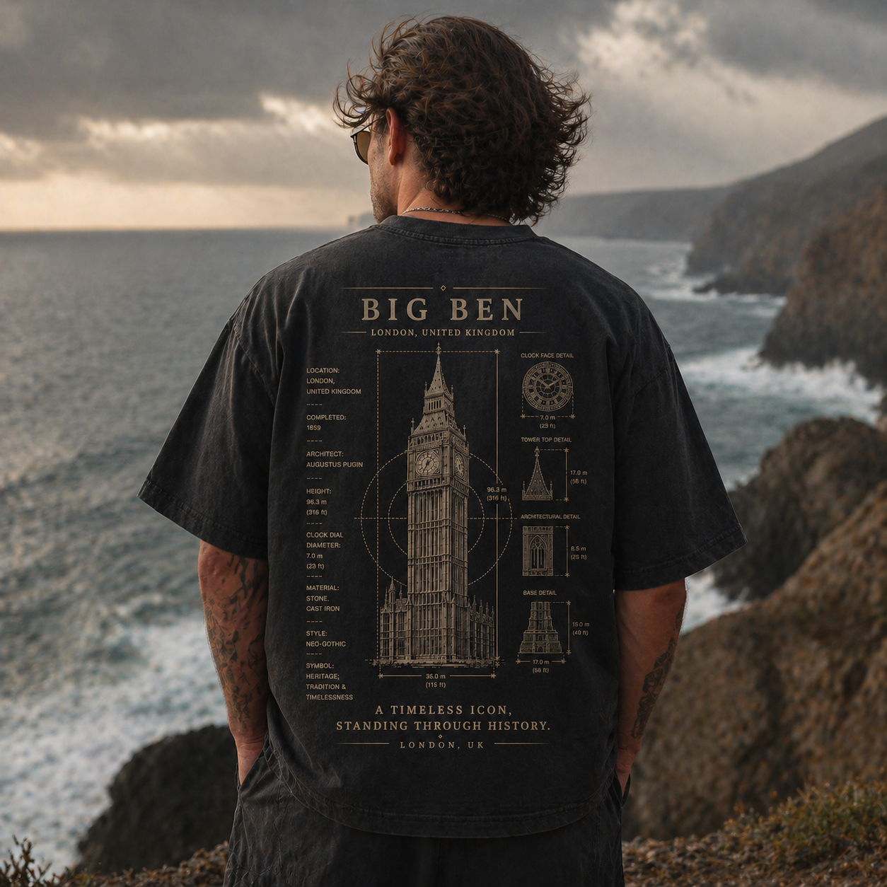 {{ product.title }} vintage blueprint t-shirt back print {{ shop.name }}